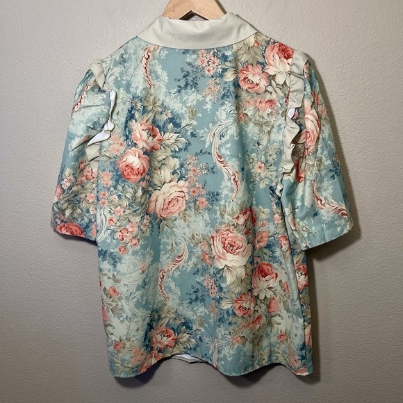 Floral Button Up Shirt Ruffles VTG Inspired 80s Green‎ Cottagecore Grandma Sz XL - Picture 4 of 6